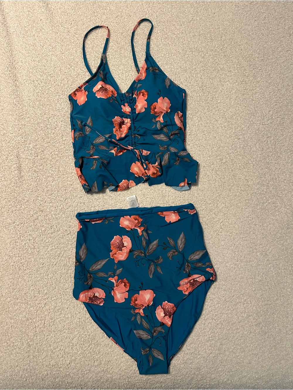 Floral Teal High-Waist Tankini Bikini Set